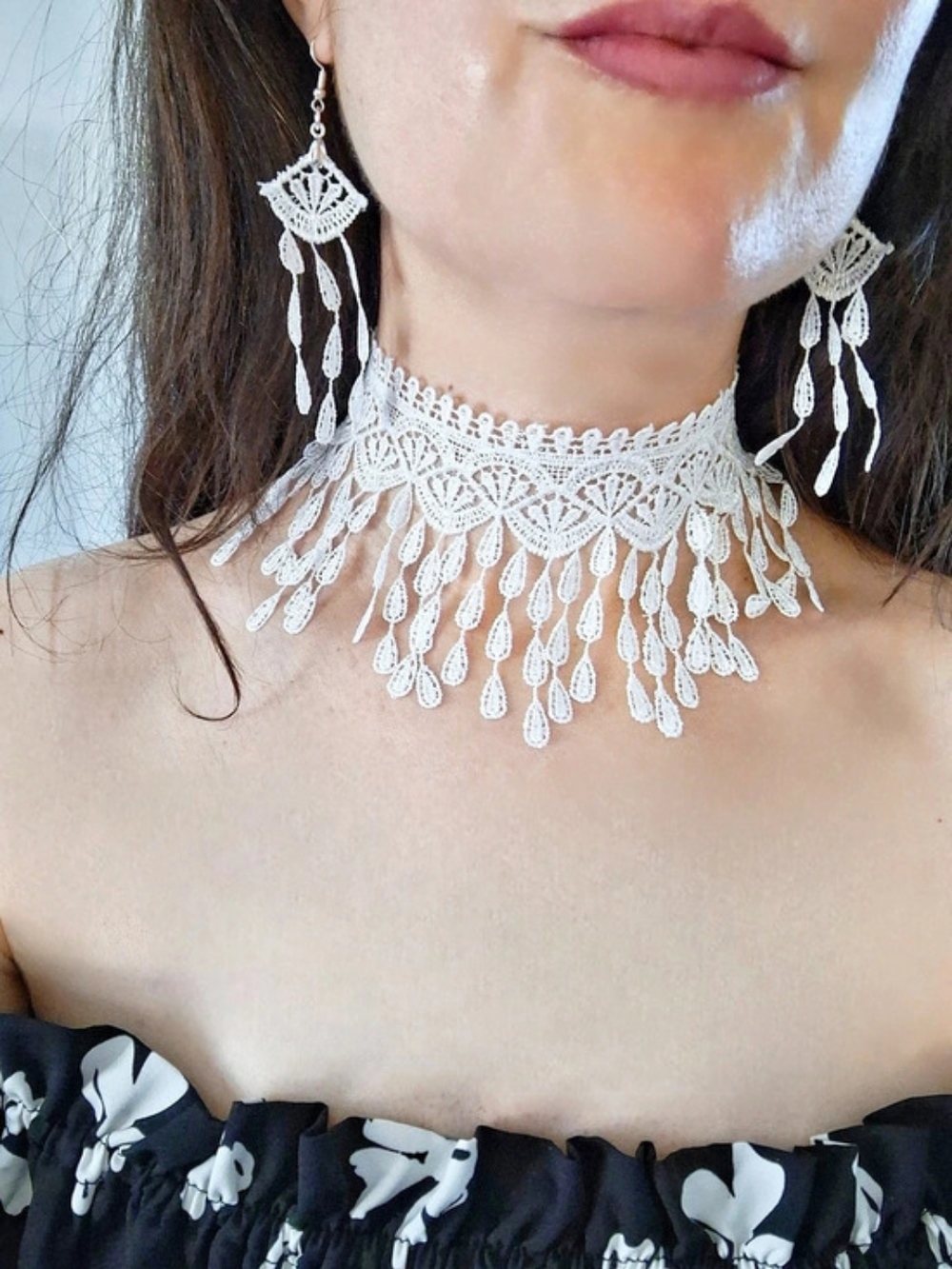 Handmade Elegant White Lace Necklace & Earrings Set Art Deco Boho Vintage
